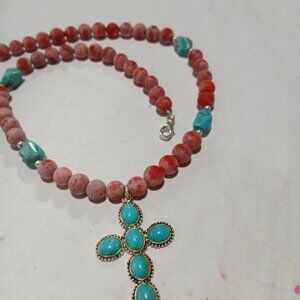 Turquoise Silver Cabochon cross lobster claw clasp 18” hand cut beads New